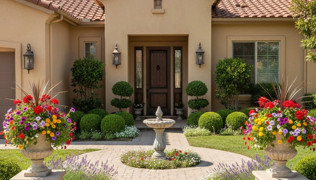 Front yard landscaping in Modesto, CA with colorful flowers, shaped shrubs, and curb appeal design