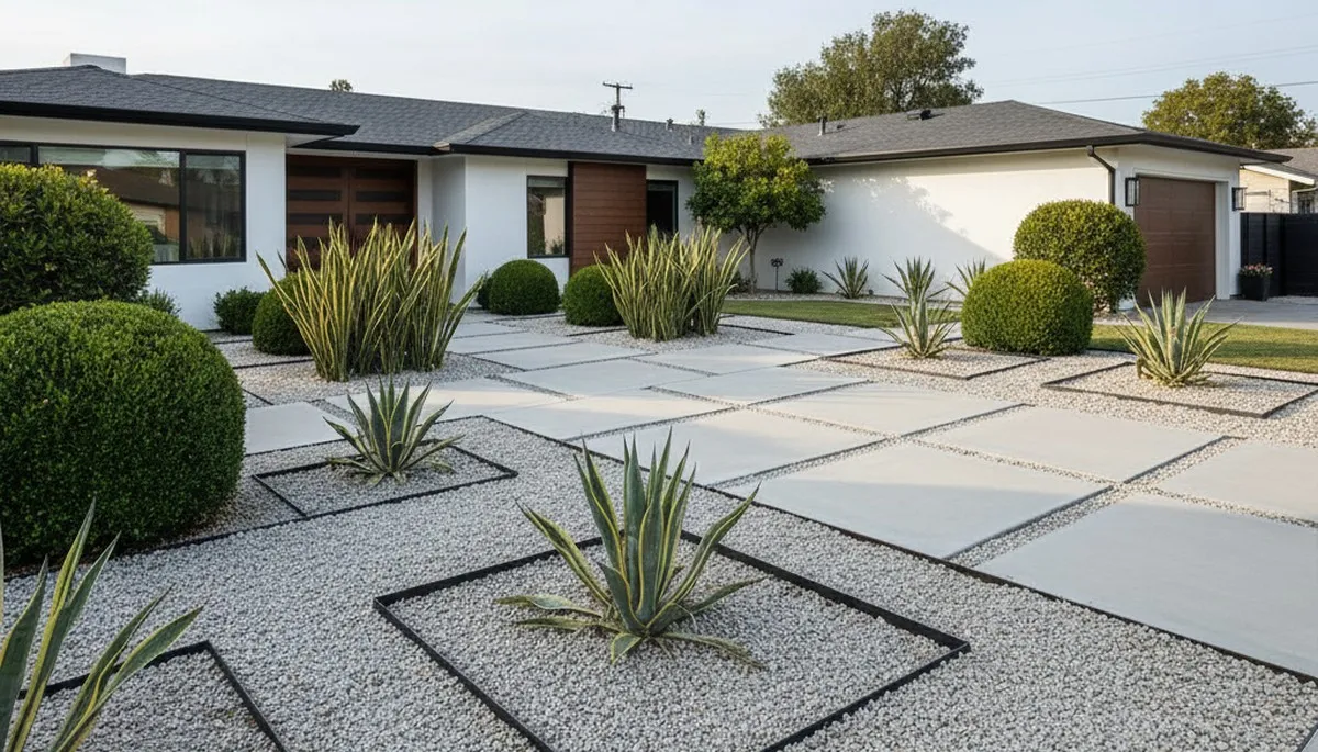 Modern minimalist pea gravel landscape design in Modesto, CA by Chop Chop Landscaping