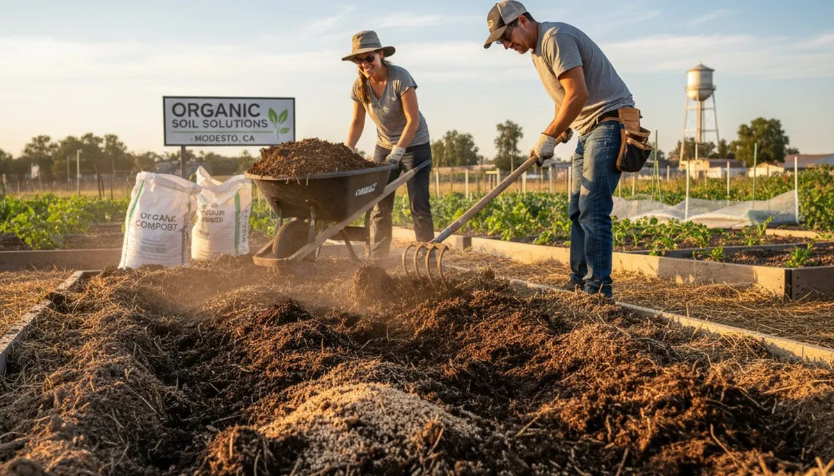 Organic soil amendment and compost application by professional landscapers in Modesto, CA