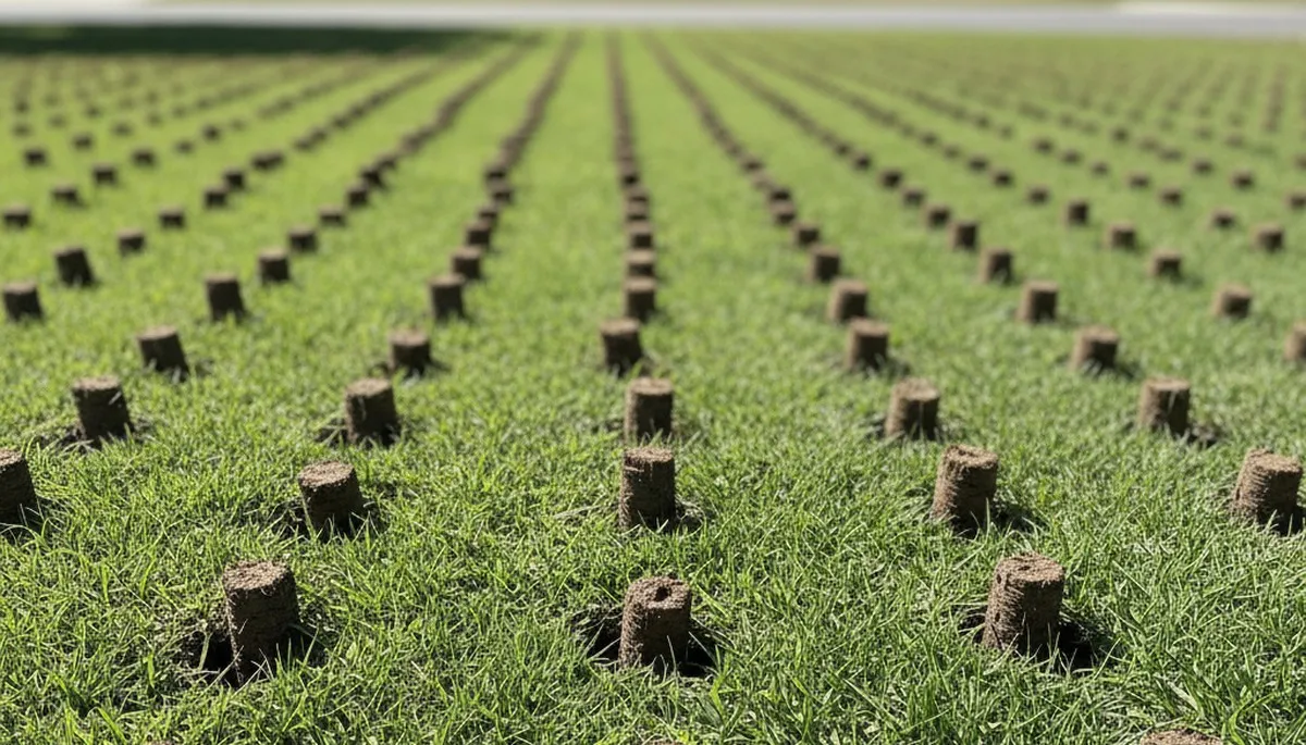 Close-up of soil core plugs after lawn aeration treatment by Chop Chop Landscaping in Modesto, CA
